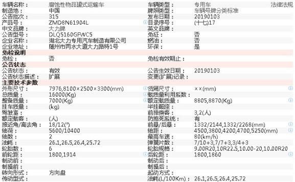 解放龙V单桥DLQ5160GFWC5型腐蚀性物品罐式运输车整车参数 解放龙V单桥DLQ5160GFWC5型腐蚀性物品罐式运输车整车参数