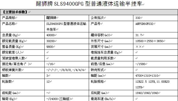 随州力神醒狮牌SLS9400GPG型普通液体运输半挂车整车参数 随州力神醒狮牌SLS9400GPG型普通液体运输半挂车整车参数